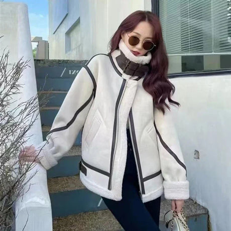 Winter Sheepskin Coat Faux Fur Suede Leather Women