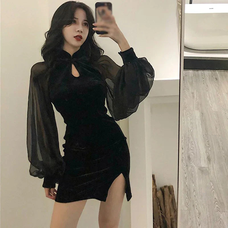 Women' Cheongsam Qipao Dress Velvet Side Split Lantern
