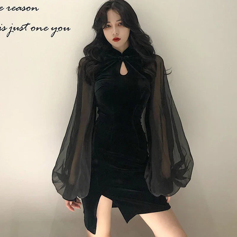 Women' Cheongsam Qipao Dress Velvet Side Split Lantern