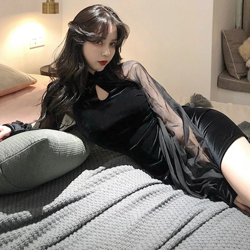 Women' Cheongsam Qipao Dress Velvet Side Split Lantern