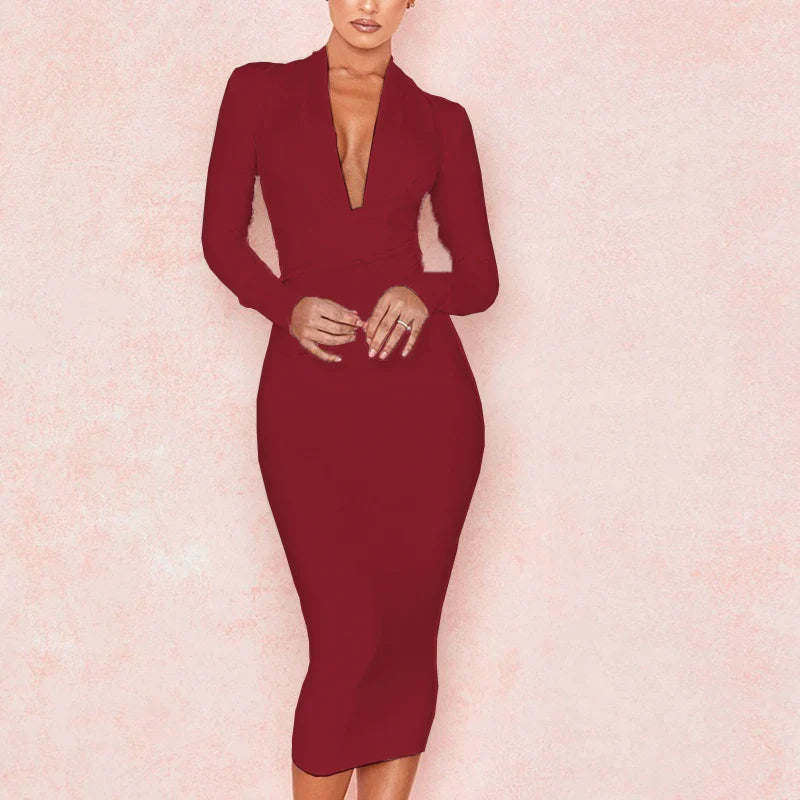 Women' Deep V Neck Bandage Dress Long Sleeve