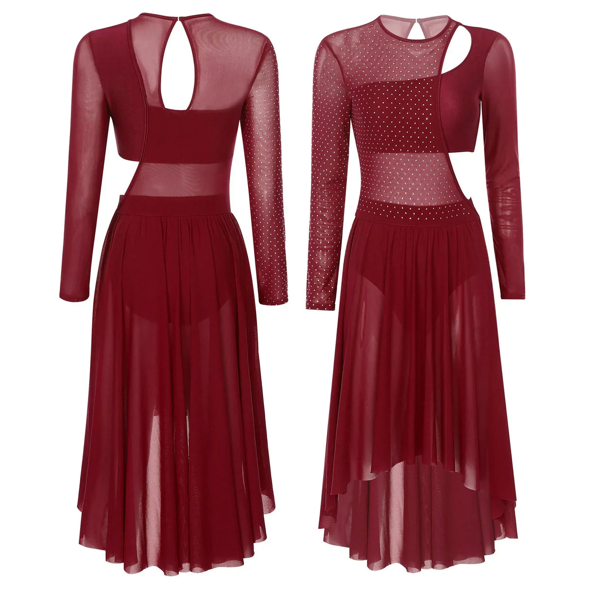 Womens Ballet Lyrical Dance Dress Shiny Rhinestone Sheer