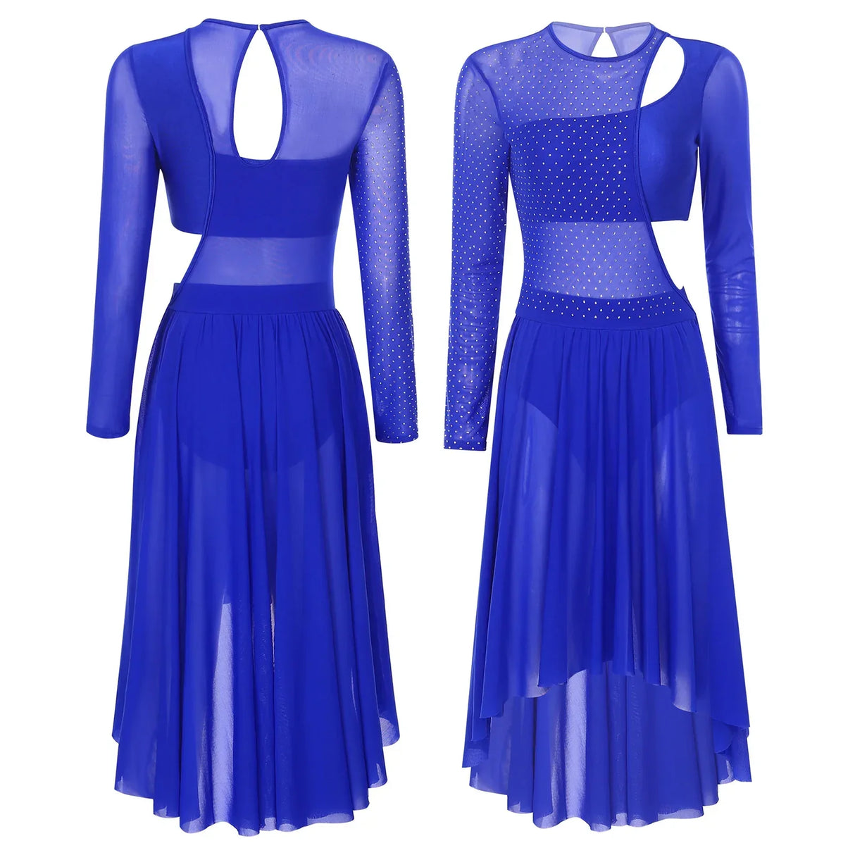 Womens Ballet Lyrical Dance Dress Shiny Rhinestone Sheer