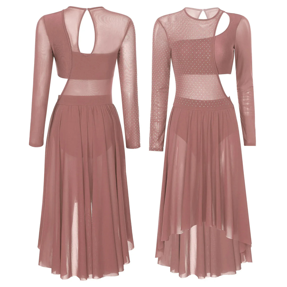 Womens Ballet Lyrical Dance Dress Shiny Rhinestone Sheer