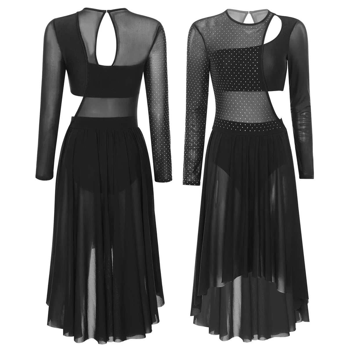 Womens Ballet Lyrical Dance Dress Shiny Rhinestone Sheer