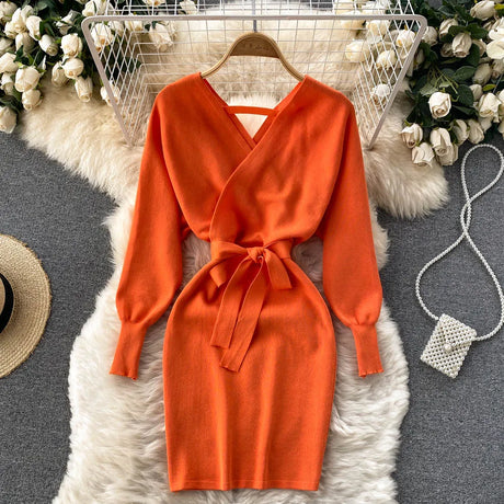 Yuoomuoo Autumn Winter Women Knitted Sweater Dress Solid