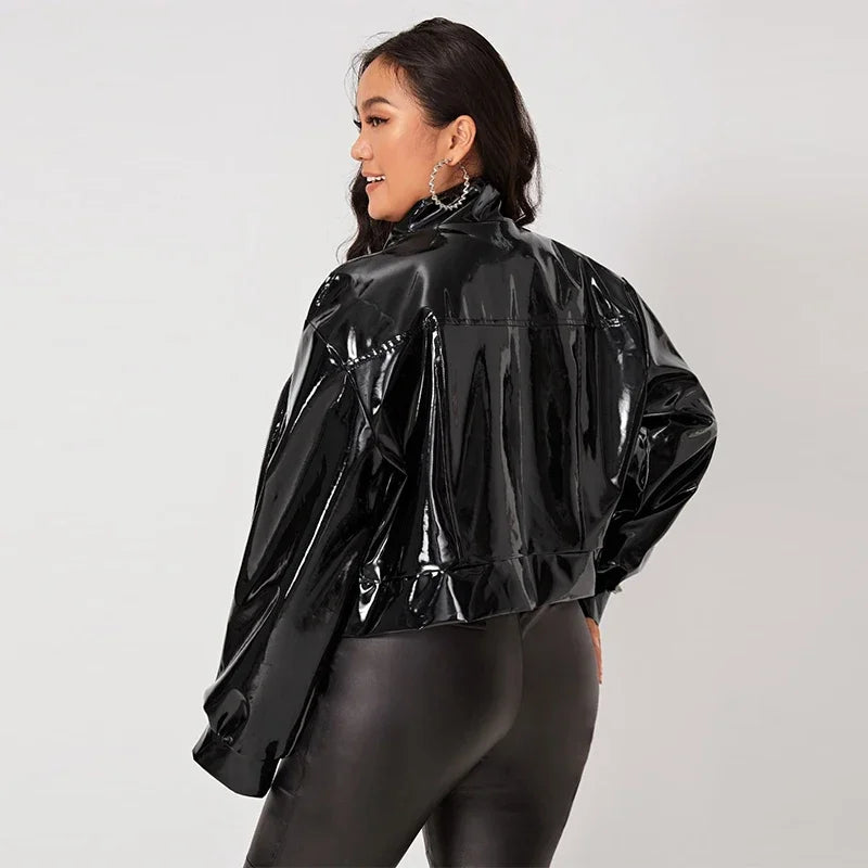 Zip Up Patent Leather Jacket For Women, Long