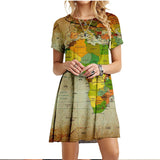 Summer Women Dress World Map Print Short Sleeve