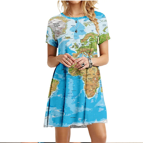 Summer Women Dress World Map Print Short Sleeve