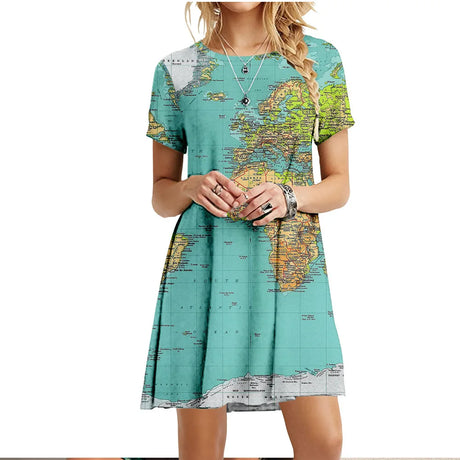 Summer Women Dress World Map Print Short Sleeve