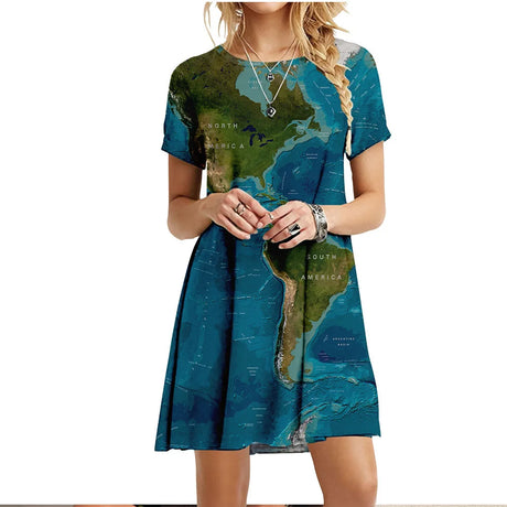 Summer Women Dress World Map Print Short Sleeve