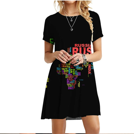 Summer Women Dress World Map Print Short Sleeve