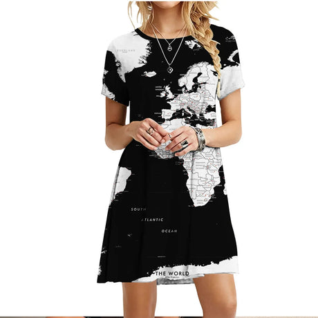 Summer Women Dress World Map Print Short Sleeve