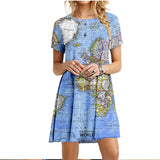 Summer Women Dress World Map Print Short Sleeve