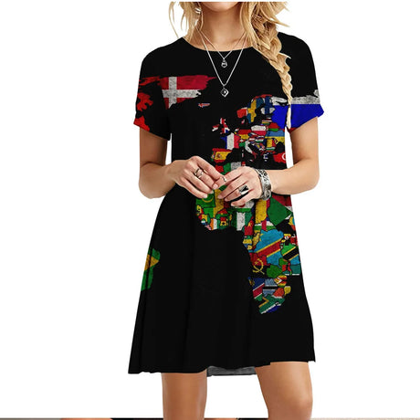 Summer Women Dress World Map Print Short Sleeve