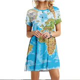 Summer Women Dress World Map Print Short Sleeve