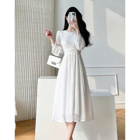 Spring Women Elegant Lace Midi White Dress Long