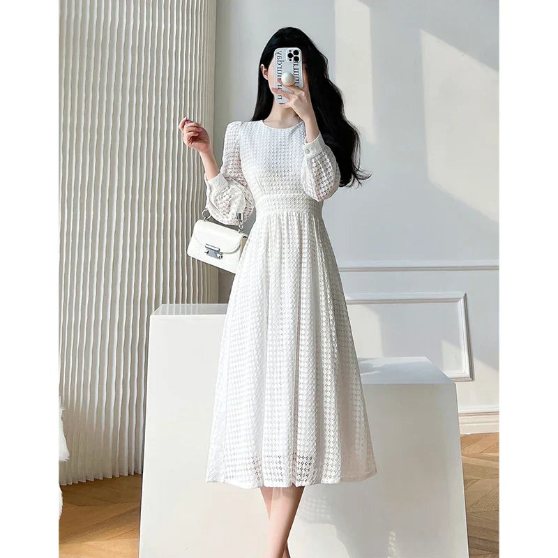 Spring Women Elegant Lace Midi White Dress Long