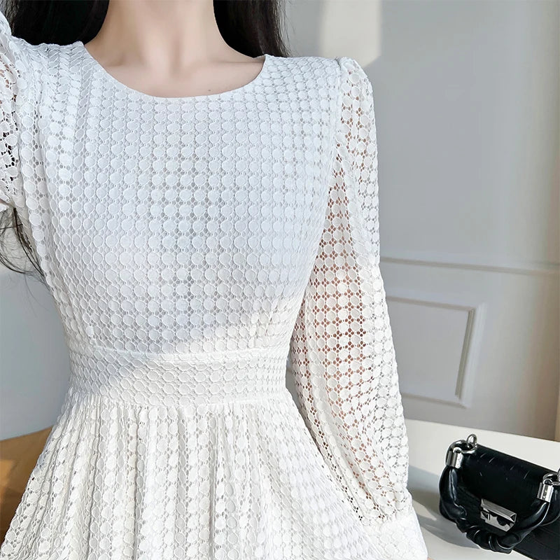 Spring Women Elegant Lace Midi White Dress Long