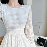 Spring Women Elegant Lace Midi White Dress Long