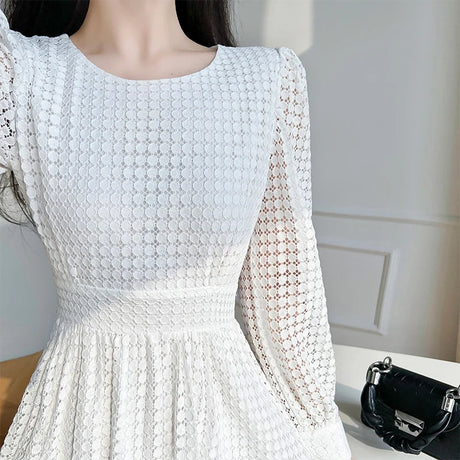 Spring Women Elegant Lace Midi White Dress Long