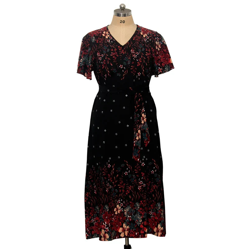 Women Summer Long Dress V Neck Short Sleeve