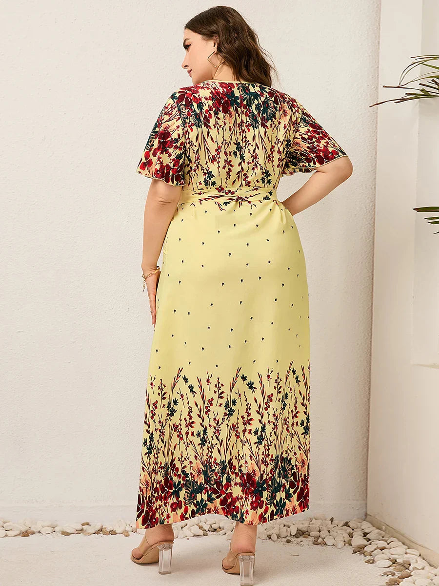Women Summer Long Dress V Neck Short Sleeve