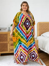 Bohemian Multicolor V Neck Loose Kaftan Dress For
