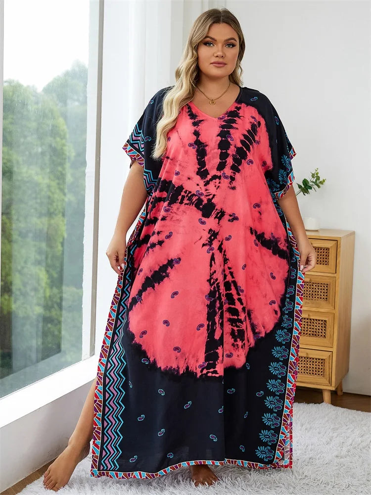 Bohemian Multicolor V Neck Loose Kaftan Dress For