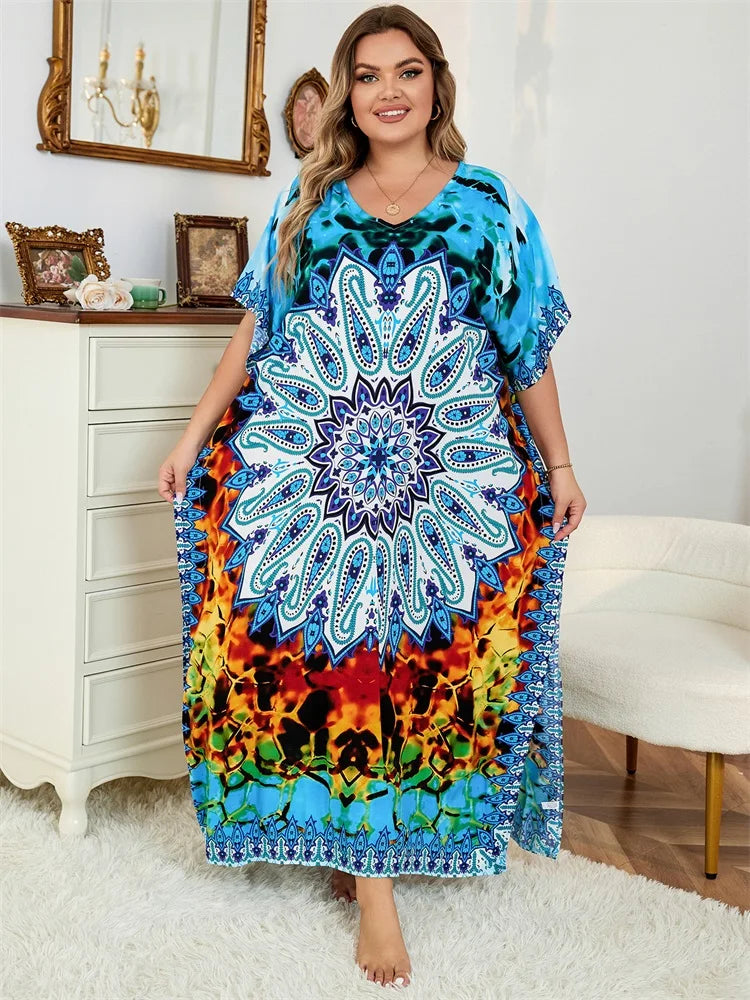 Bohemian Multicolor V Neck Loose Kaftan Dress For