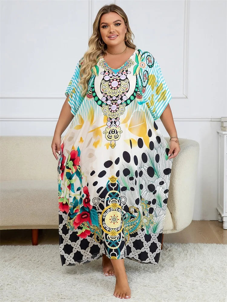 Bohemian Multicolor V Neck Loose Kaftan Dress For