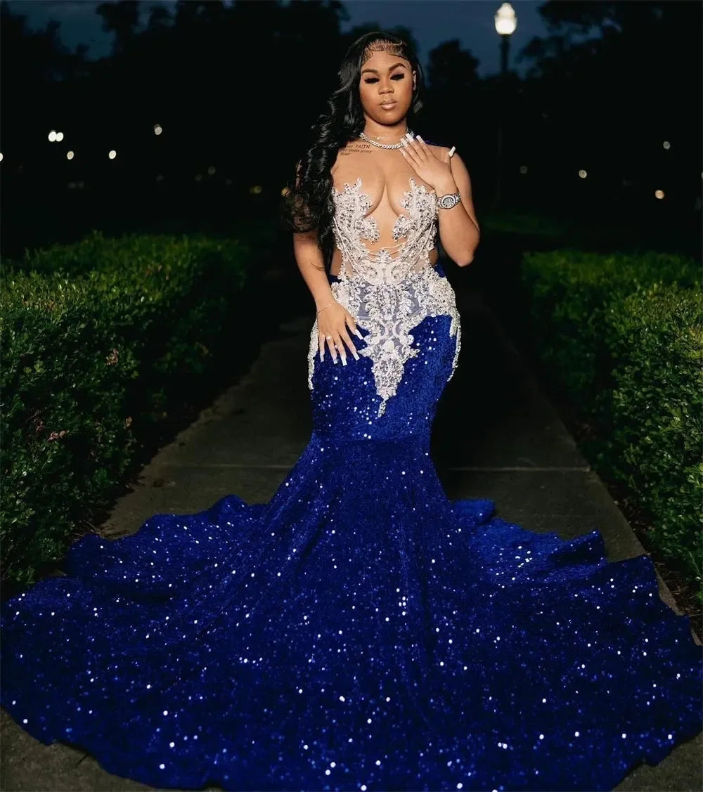 Royal Blue Sequins Beaded Appliques Prom Dresses For