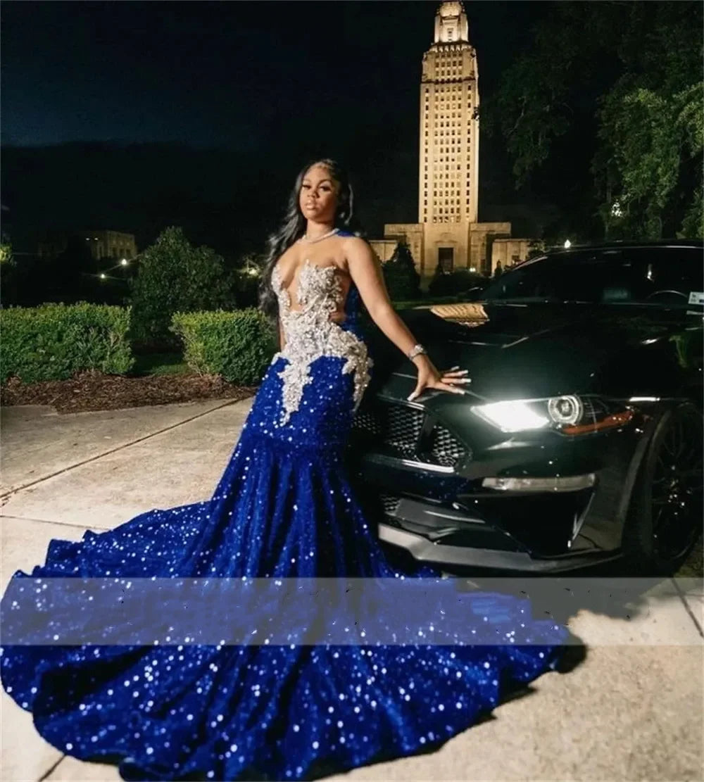 Royal Blue Sequins Beaded Appliques Prom Dresses For