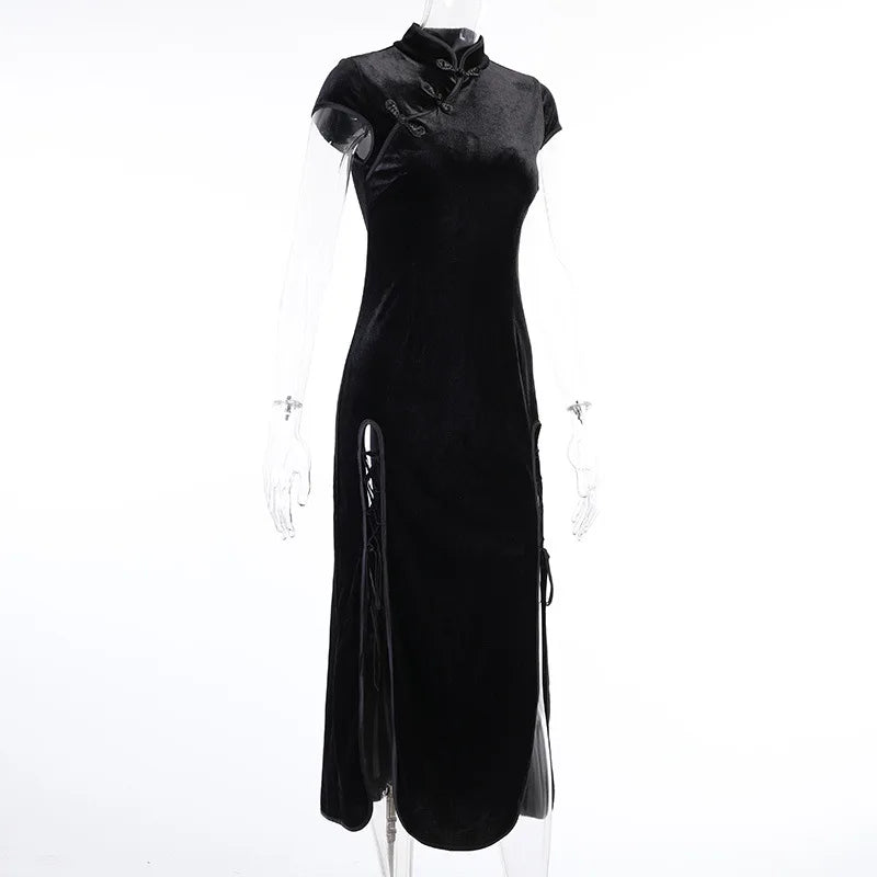 Vintage Black Bandage Chinese Style Cheongsam High Split