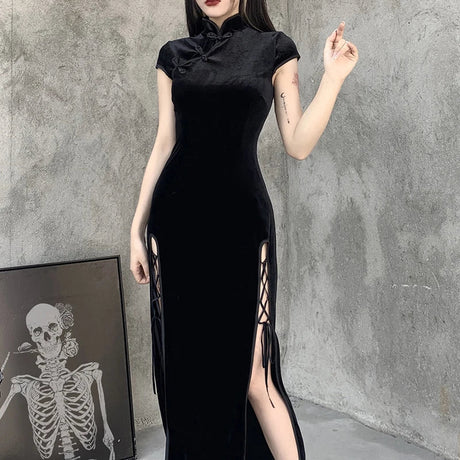 Vintage Black Bandage Chinese Style Cheongsam High Split