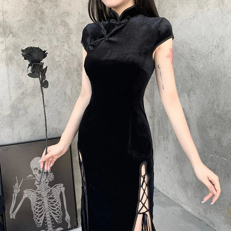 Vintage Black Bandage Chinese Style Cheongsam High Split
