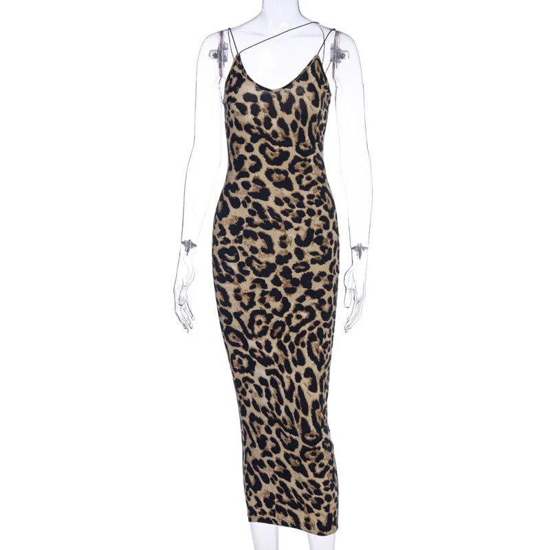 Leopard Print Sleeveless V-Neck Sexy Midi Dress Spring