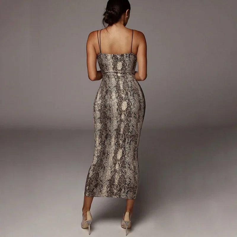 Leopard Print Sleeveless V-Neck Sexy Midi Dress Spring