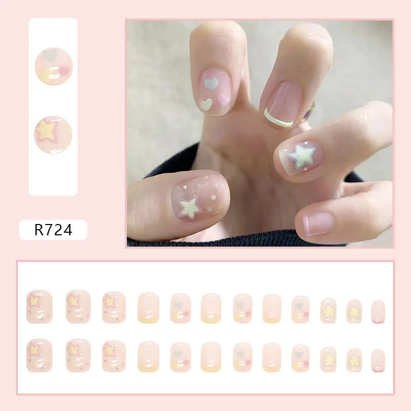 Gradient False Nails Cute Star Printed Design Fake