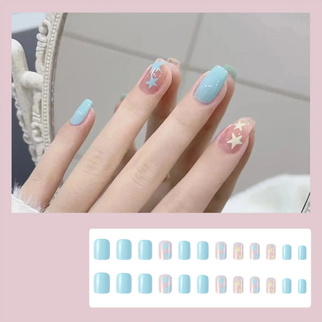 Gradient False Nails Cute Star Printed Design Fake