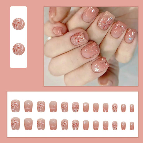 Gradient False Nails Cute Star Printed Design Fake