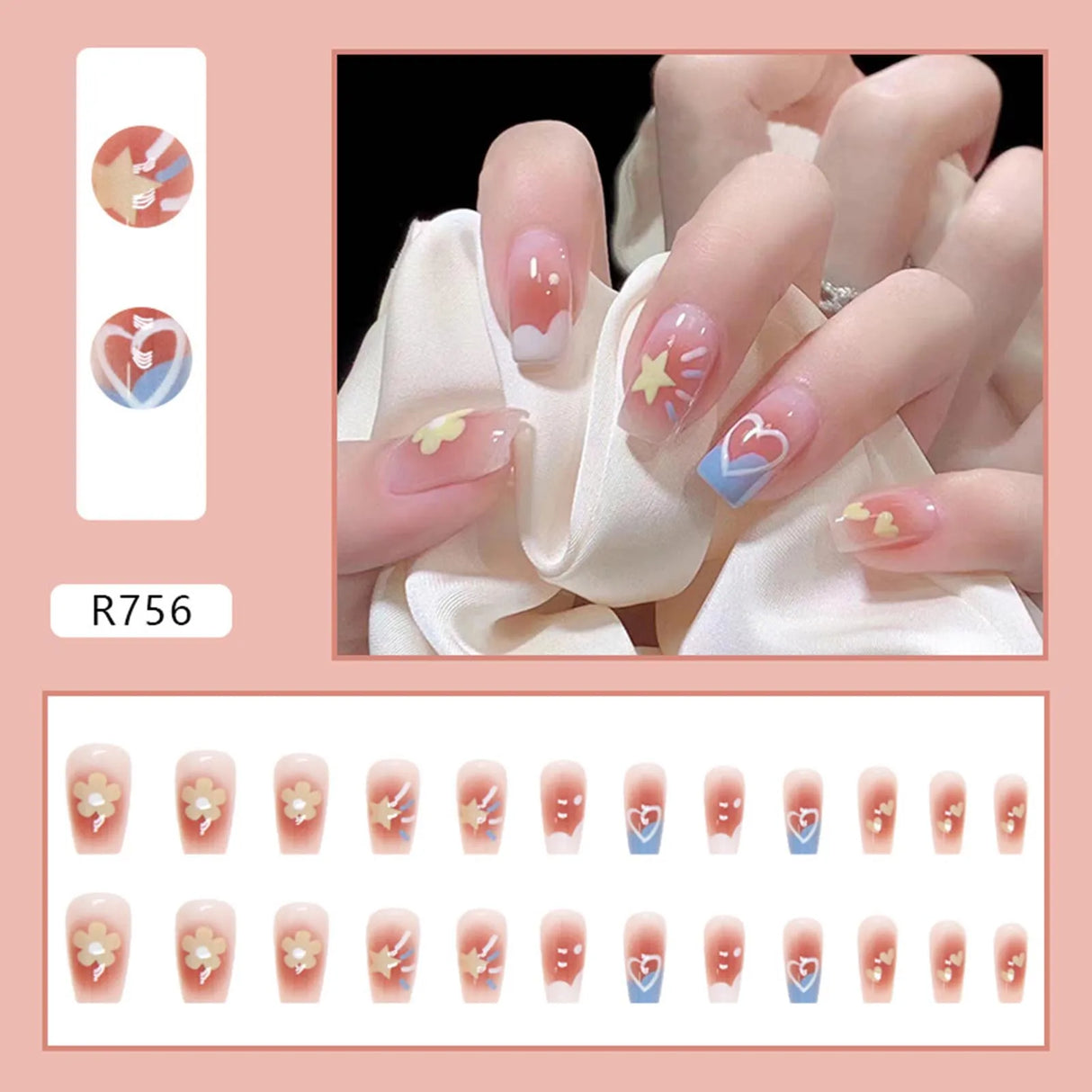 Gradient False Nails Cute Star Printed Design Fake