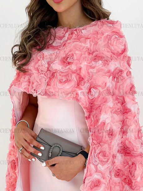 Pink 3D Flower Mermaid Party Dress with Cloak