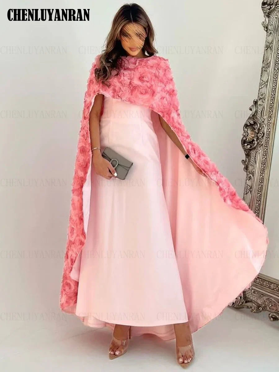 Pink 3D Flower Mermaid Party Dress with Cloak