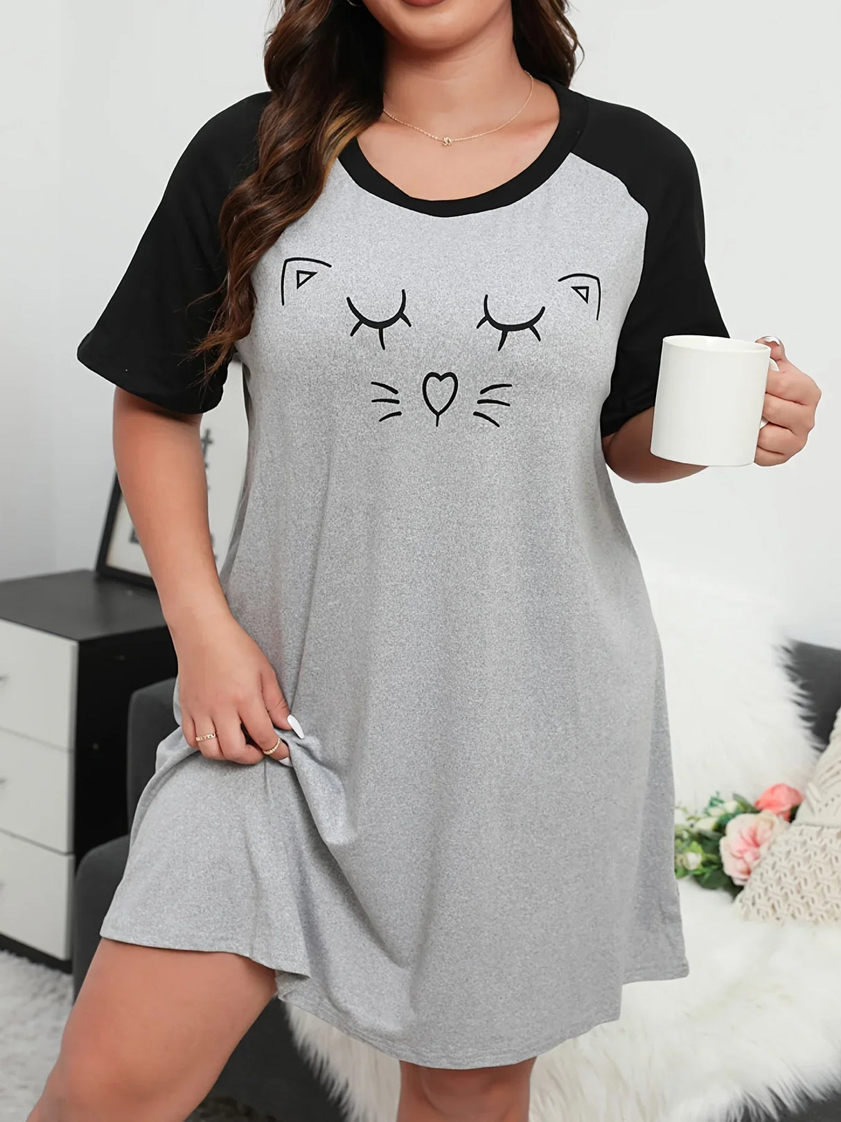 Fashion Loungewear Dress, Women' Plus Cartoon Cat Print