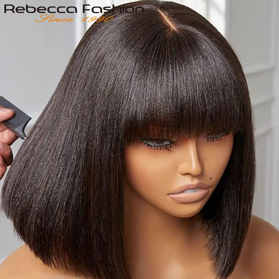 Glueless Straight Human Hair Wigs With Bangs Fringe