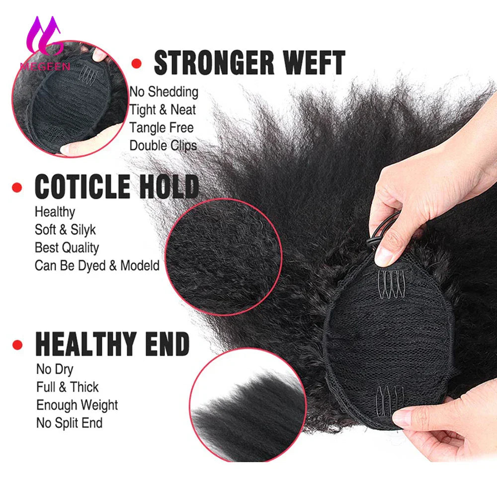 Megeen Afro Kinky Straight Ponytail Human Hair Italian