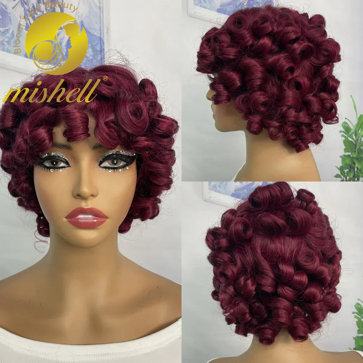 Burgundy Bouncy Curly Human Hair Wigs