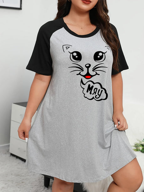 Fashion Loungewear Dress, Women' Plus Cartoon Cat Print