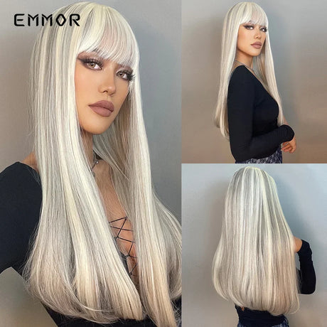 Emmor Long Platinum Blonde White Wig With Bang